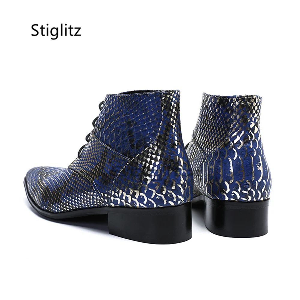 Blue Snake Prints Cowboy Ankle Boots for Men Pointed Toe Lace Up Genuine Leather Chelsea Boots Low Heel Performance Dress Shoes