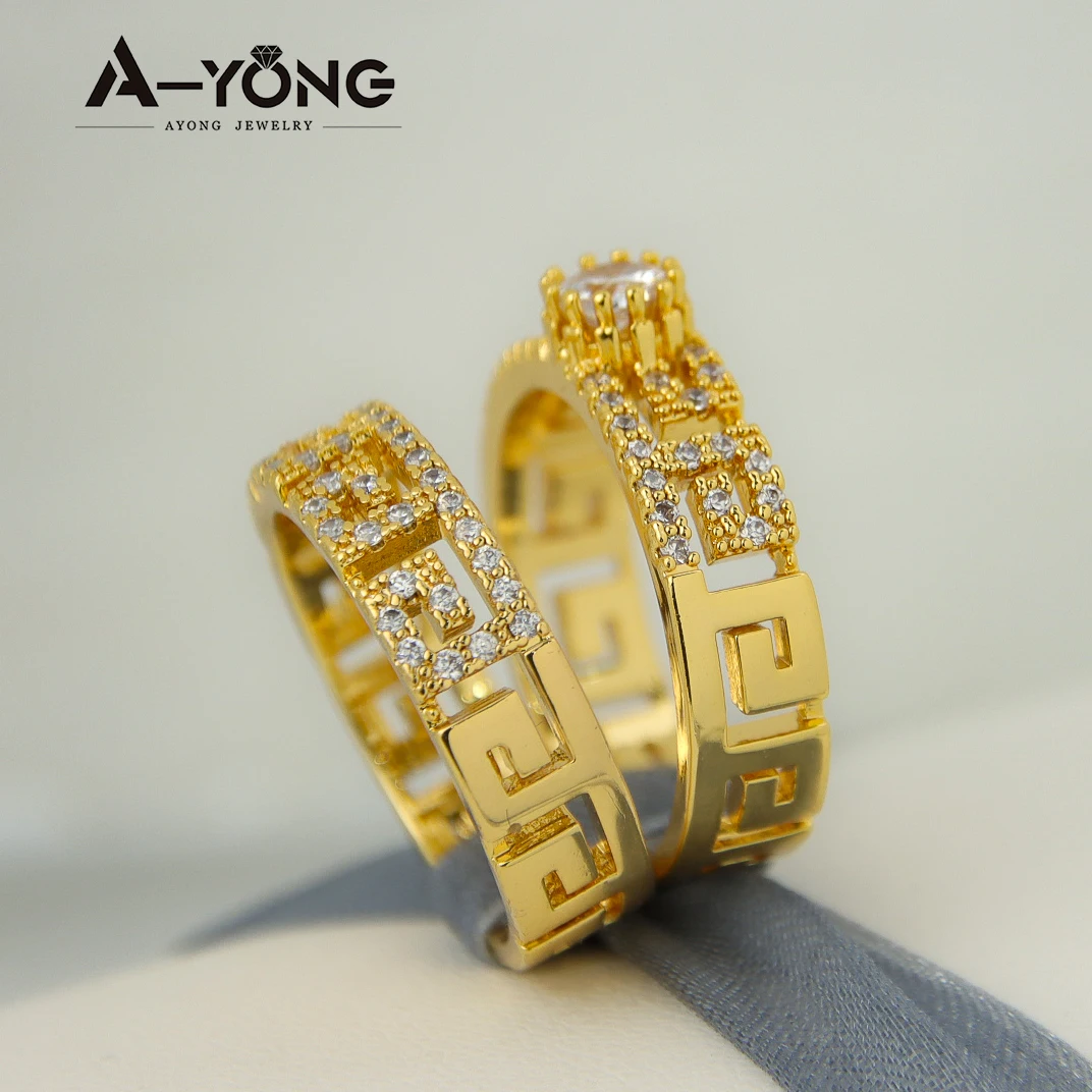 Luxury Dubai Couples Rings 21k Gold Plated Big Zircon Arab Fashion Cocktail Ring Women Engagement Wedding Party Jewelry