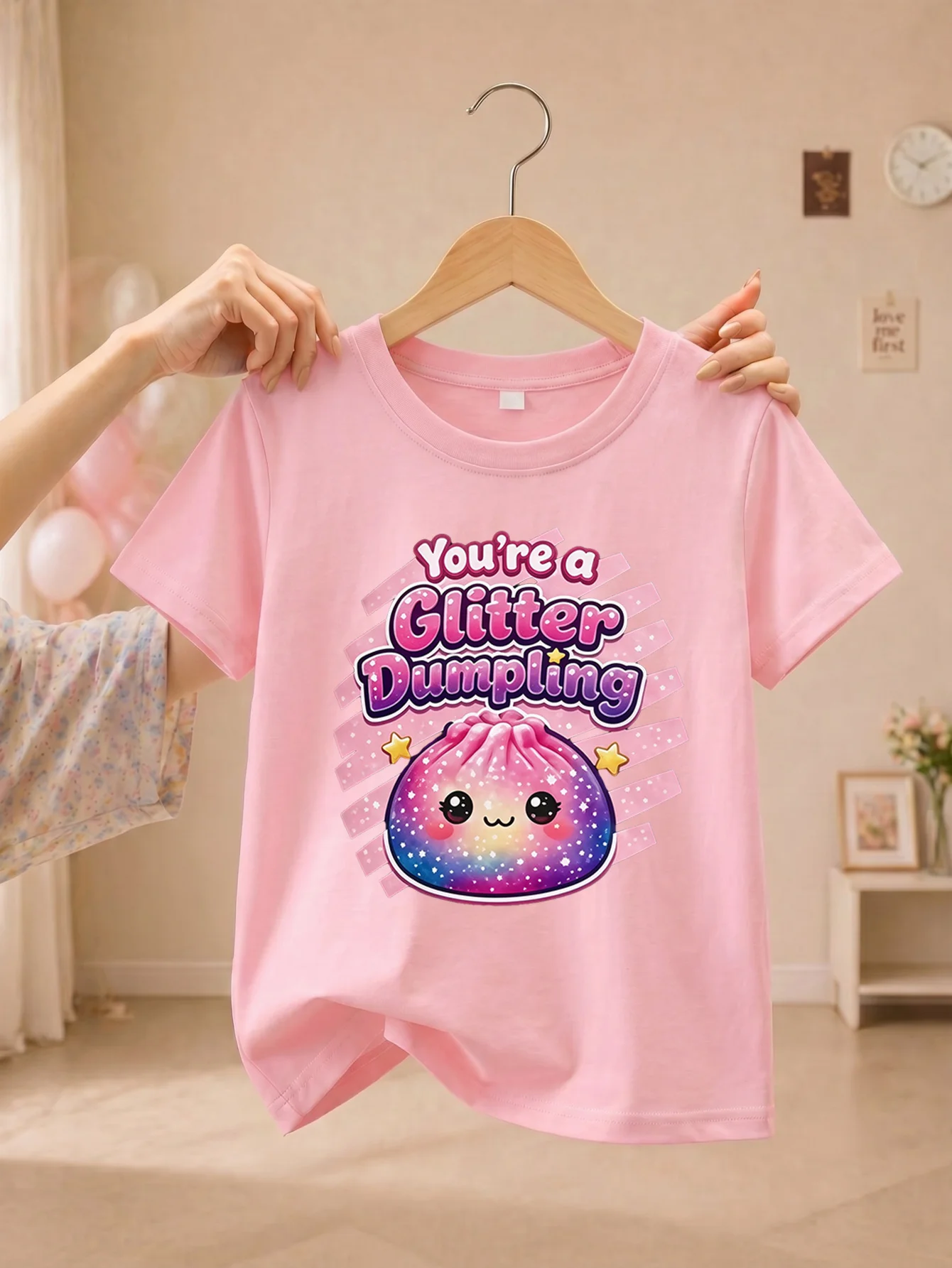 Children's Round Neck Short Sleeved Cute and Fun Casual T-shirt with Starry Sky Dumpling Pattern Printed New Parent-child Outfit
