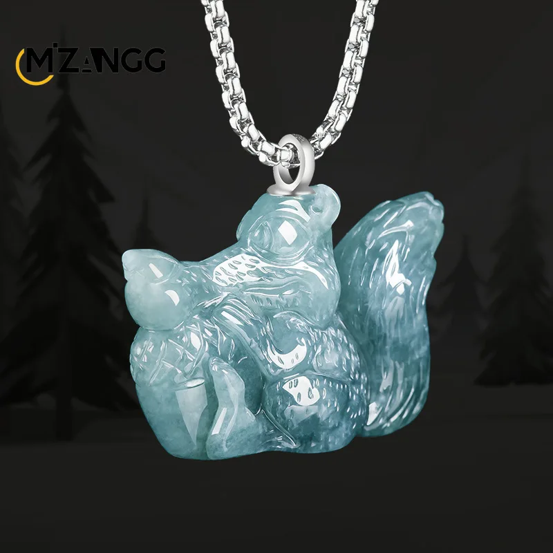 Natural Jadeite Three-dimensional Small Squirrel Pendant Hand-carved Sweet Cute Ice Jade Necklace Men and Women Holiday Gift