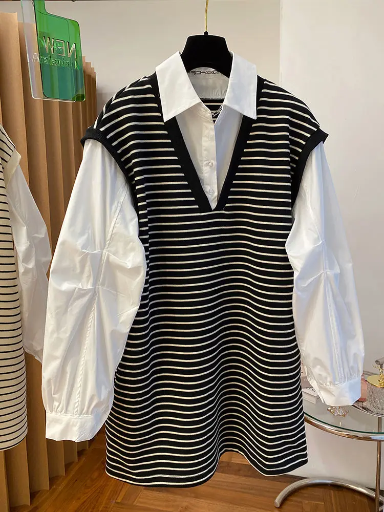 Spring Autumn Women Shirt Design Oversized Large Size Fashion Casual Fake Two-piece Striped Sweatshirt Spliced Shirt for Women