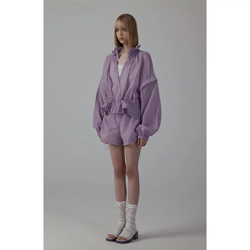 Moonmoi UPF50 Roupas de Proteção Solar Conjunto em Roxo Íris Design Original Ajuste Solto Manga Longa Fecho com Zíper Nylon
