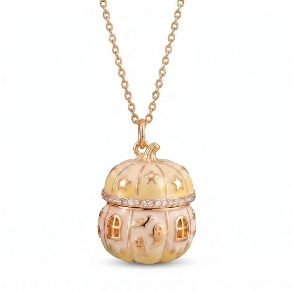Copper Pumpkin House Necklace Enamel Craft Vivid Pattern Halloween Necklace Open Close Design Magic House Pendant Cosplay Use