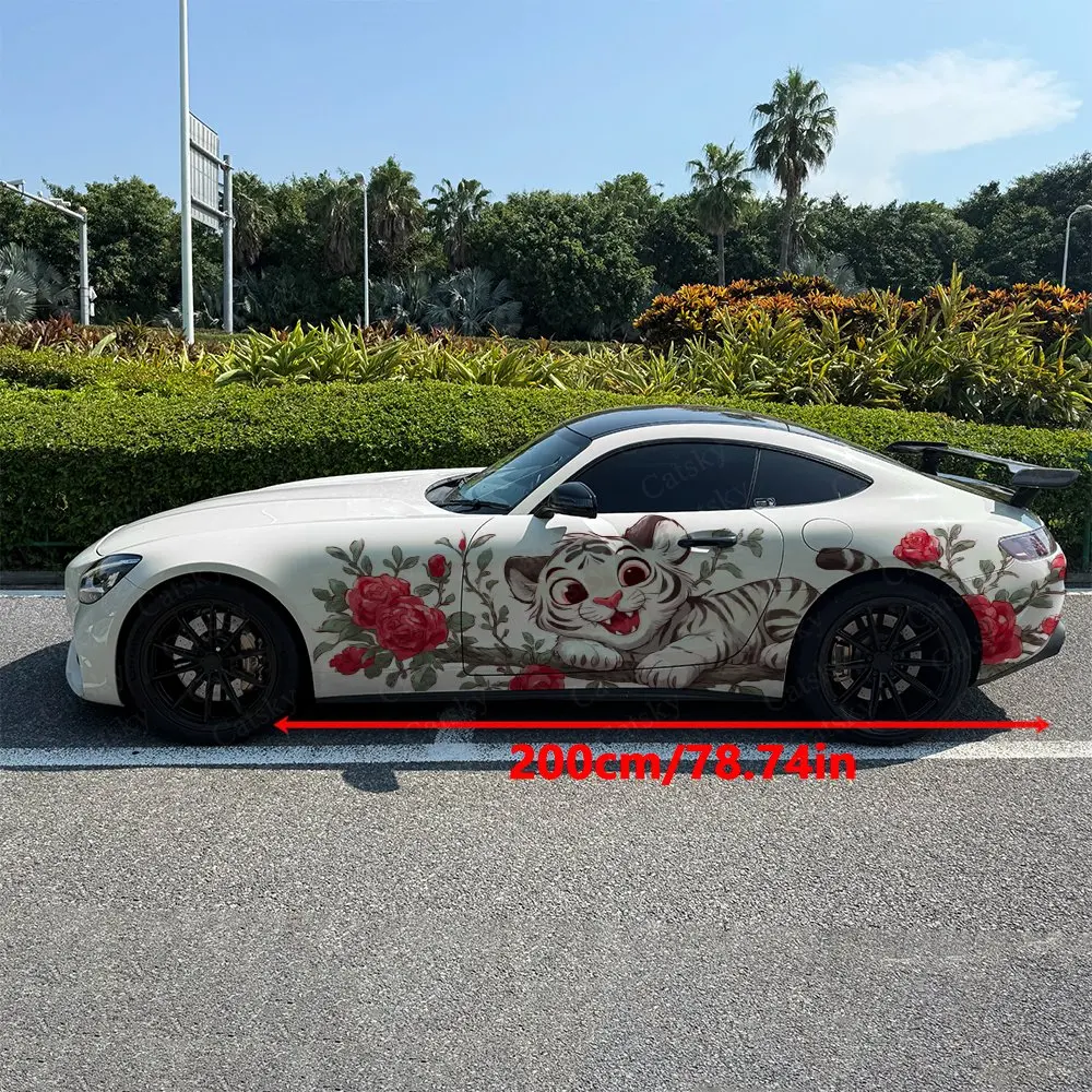 2pcs Playful Little Tiger Red Roses Car Side Wraps, Self-Adhesive PVC Waterproof & Scratch-Resistant Sticker, Car Accessory Gift