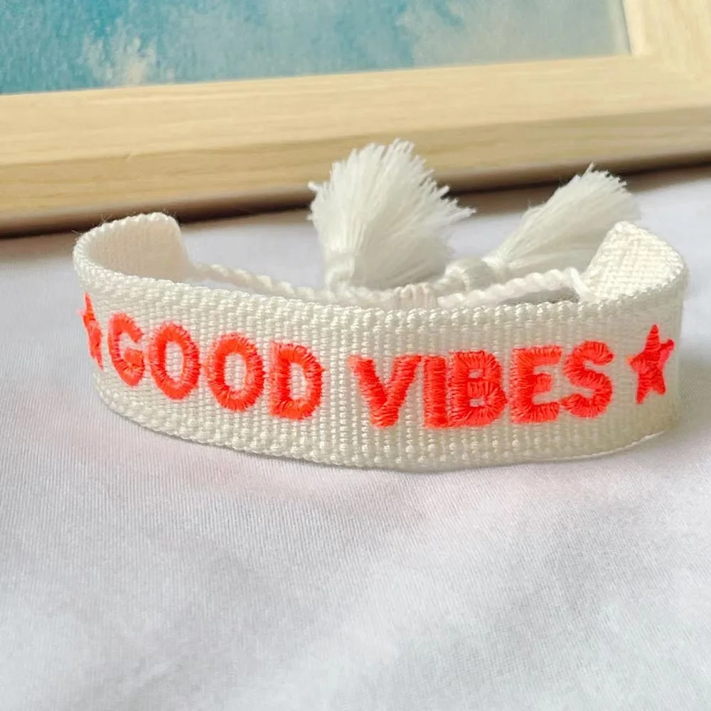 Woven Bracelets Saying GOOD VIBES ONLY Vintage Friendship Bracelets Summer Jewelry