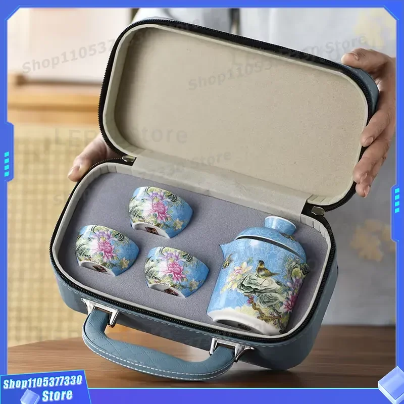 Portable Chinese Ceramic Travel Tea Set Kung Fu Teapot with Cups Full Color Outdoor Car Quick Brew Kit Compact Design for