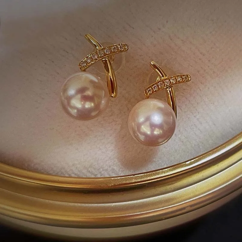 

Genuine 18k Akoya Pearl Gold Earring Jewlery Woman,Wedding White Natural Gold Round Pearl Earrings Engagement Birthday Gifts