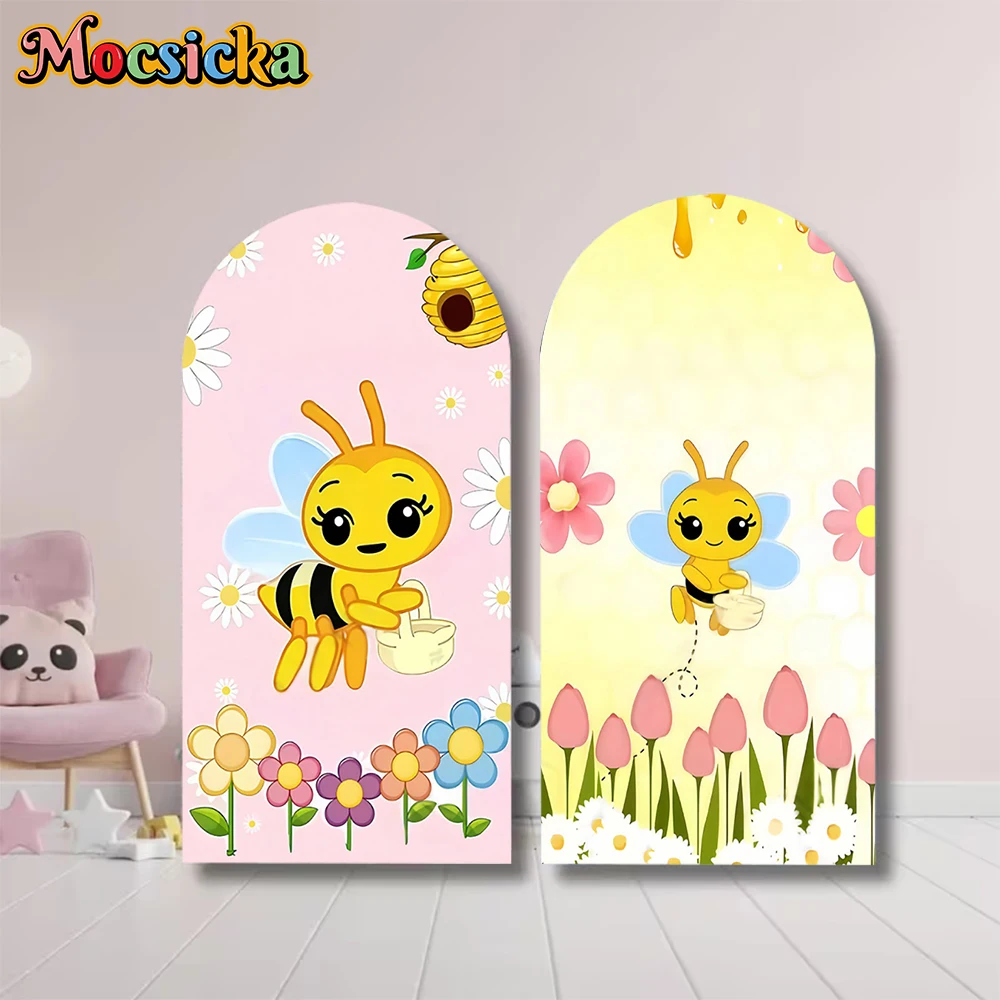 

Mocsicka Arch Backdrop Double-Sided Children Baby Shower Birthday Arched Background Yellow Bee Flowers Honey Party Studio Props