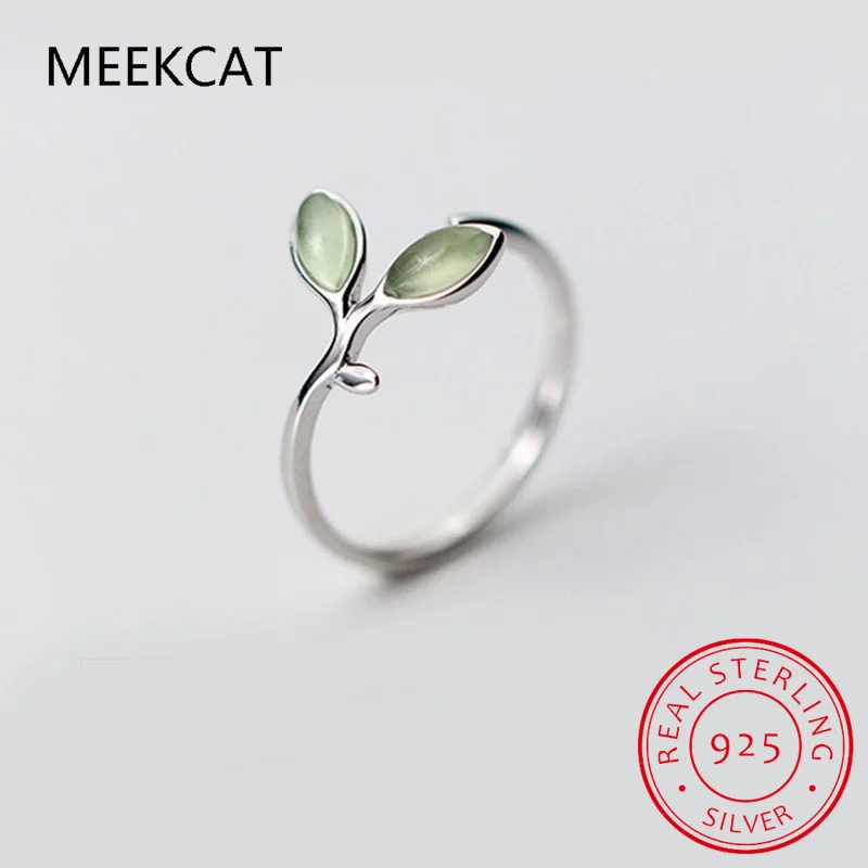 Real 925 Sterling Silver Fashion Opal Green Leaves Opening Ring 6 7 8 for Women Wedding Party Fine Jewelry DA226