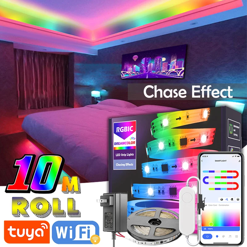 10M/Roll TUYA LED Light Strips Smartlife APP Control Dreamcolor Flexible Tape WS2811 RGBIC Pixel LED Strip Lights With MIC