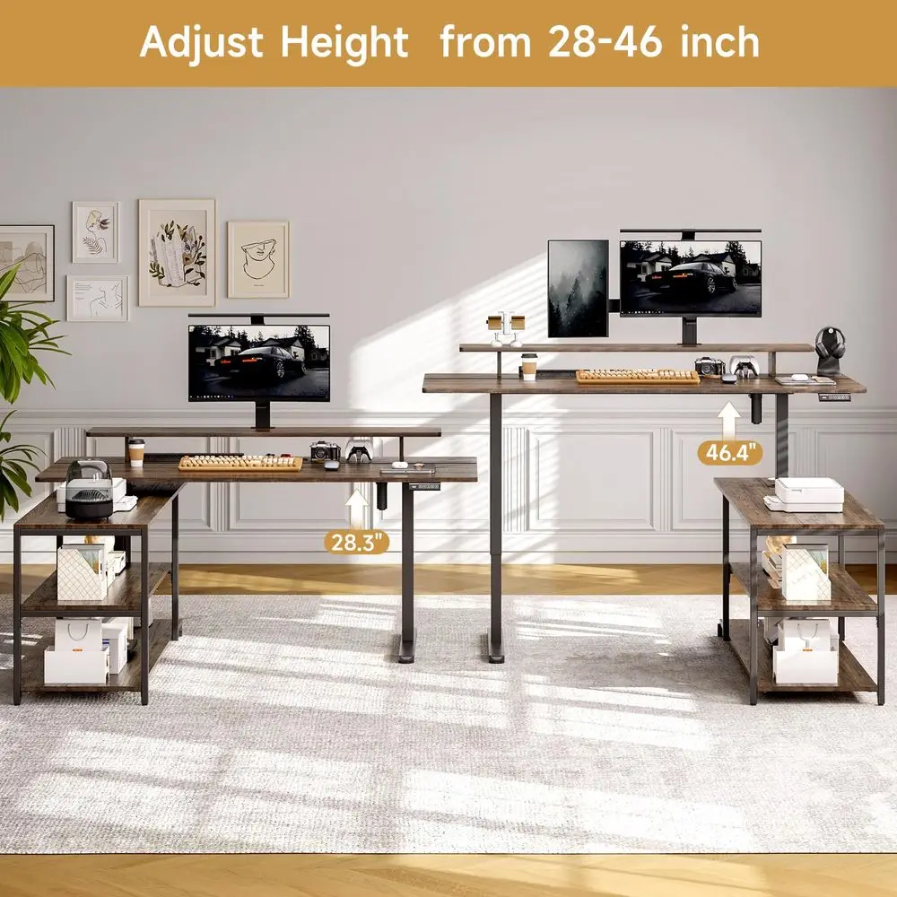 

Угловой стол-трансформер с тумбой для документов, электрический регулируемый по высоте стол 63x24 с монитором и полкой для хранения, регулируемая высота 2846 мм