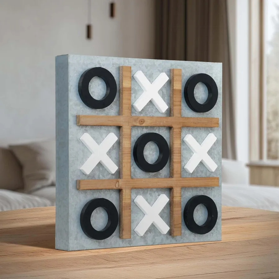 

Tic Tac Toe Board Decor - Wall Mounted or Coffee Table Decor - Family Adult Tabletop Puzzles for Game Night - Silver/Black/Whit