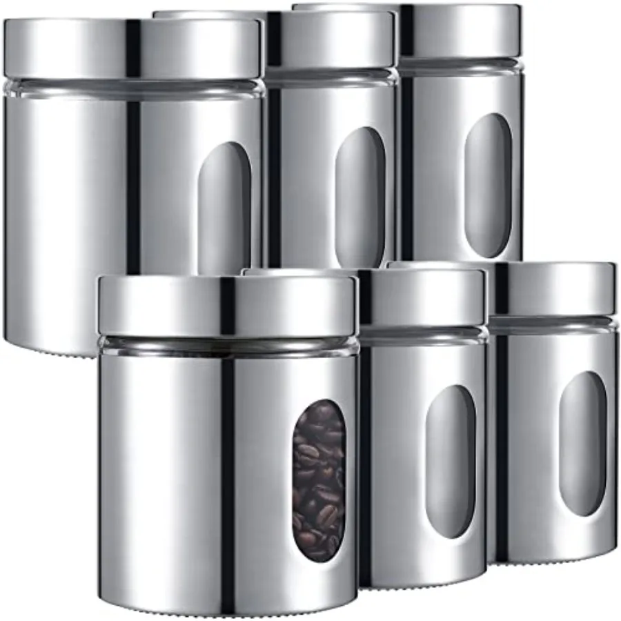 

6 Pack Kitchen Canisters Set Airtight Coffee Sugar Tea Candy Storage Jars with Window Glass Stainless Steel Containers with Lid