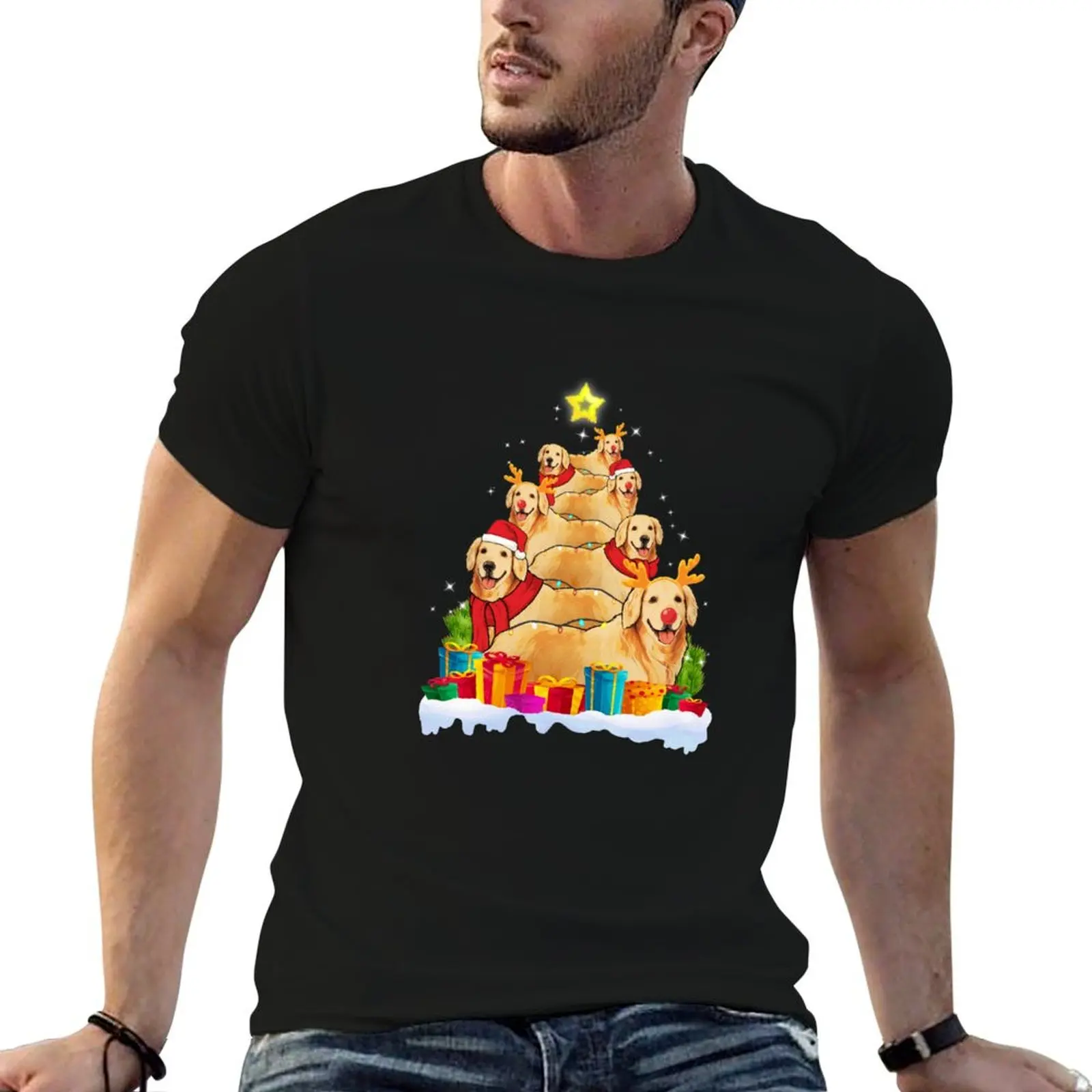 

Golden Retriever Christmas Tree Funny gift Fitted V-Neck T-Shirt plain blue archive mens graphic t-shirts big and tall