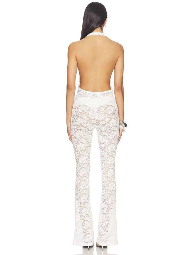 Designer sexy sleeveless halterneck lace top two-piece set 2026 summer women's wear + see-through lace bell-bottom suit