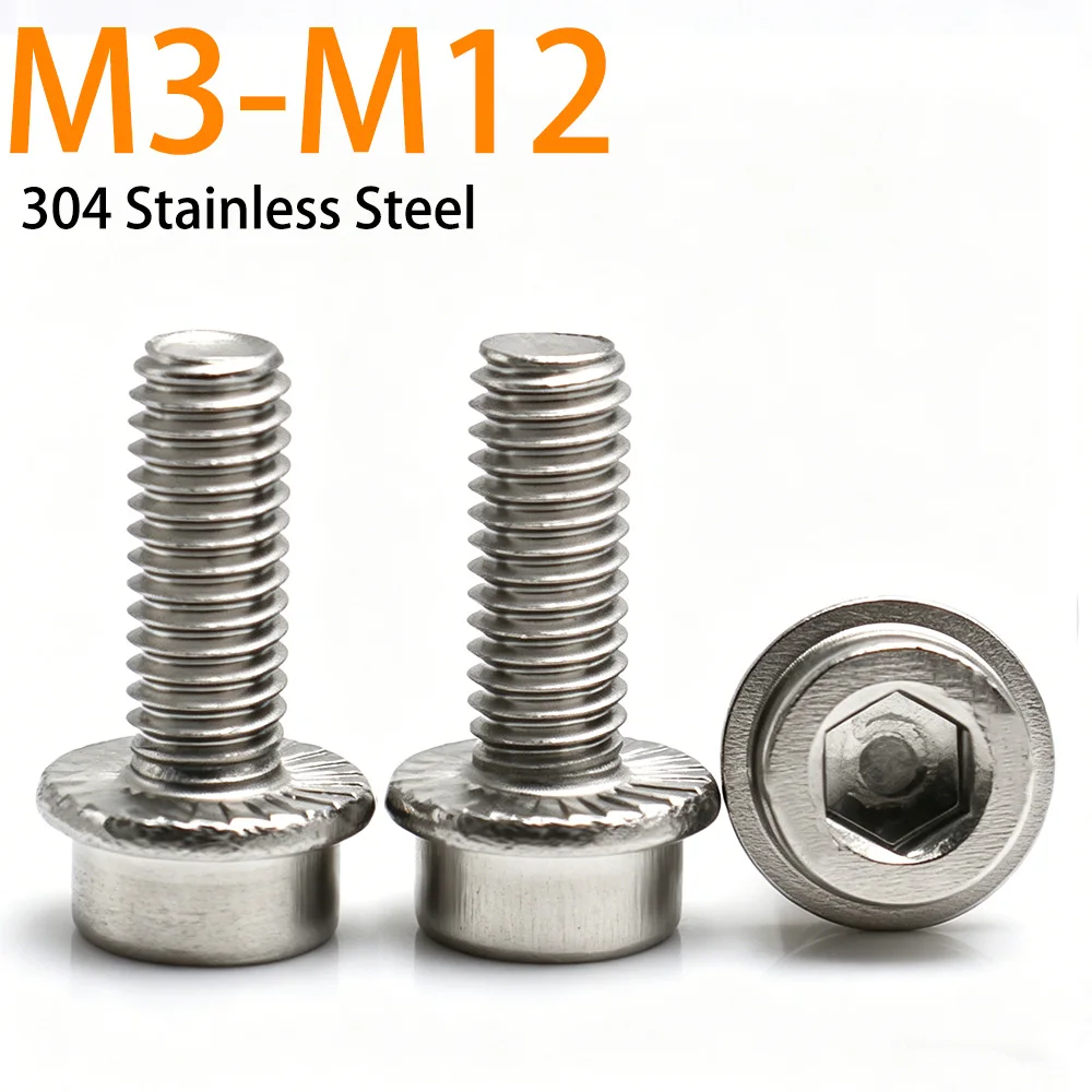 2-20pcs 304 Stainless Steel Hex Socket Cylinder Head Serrated Flange Screws Flange Edge Screws M3 M4 M5 M6 M8 M10 M12