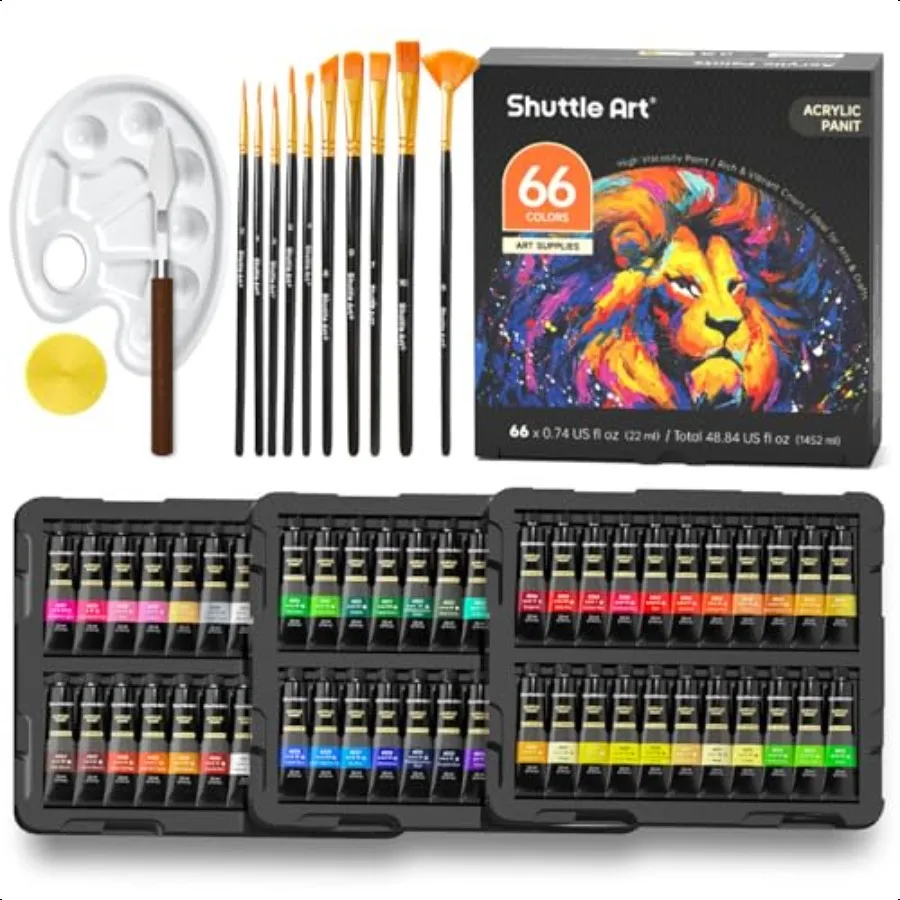 

82 Pack Acrylic Paint Set Shuttle Art 66 Colors Acrylic Paint with 10 Brushes 22ml 0.74oz Tubes Vibrant Colors Artist Painting