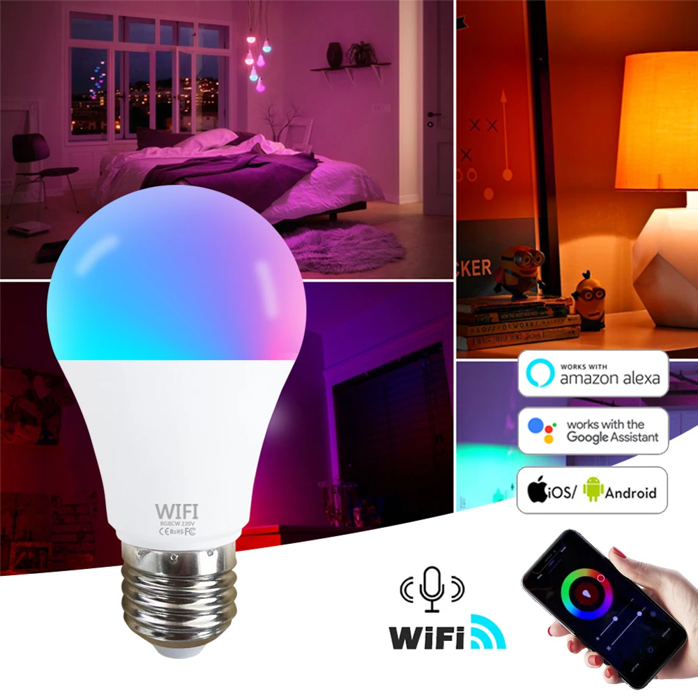 15W WiFi Smart Light Bulb RGB White Magic LamDimmable LED E27 B22 WiFi Bulbs Compatible with Amazon Alexa Google Home Smartphone