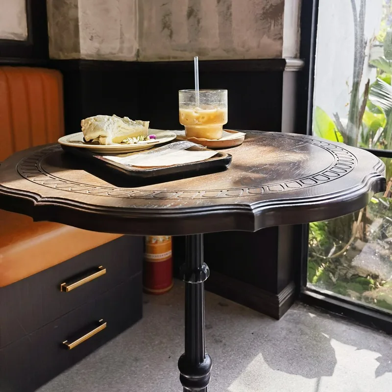 Vintage Solid Wood & Iron Coffee Table, American Round Mid-century Table for French Dessert Shop
