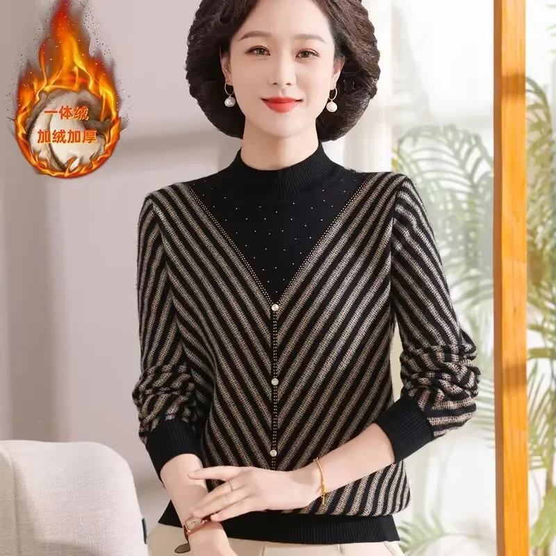 

Autumn and Winter Plus Fluff Sweater Half Turtleneck Sweater Base Thickened Loose Fitted Top for the Elderly