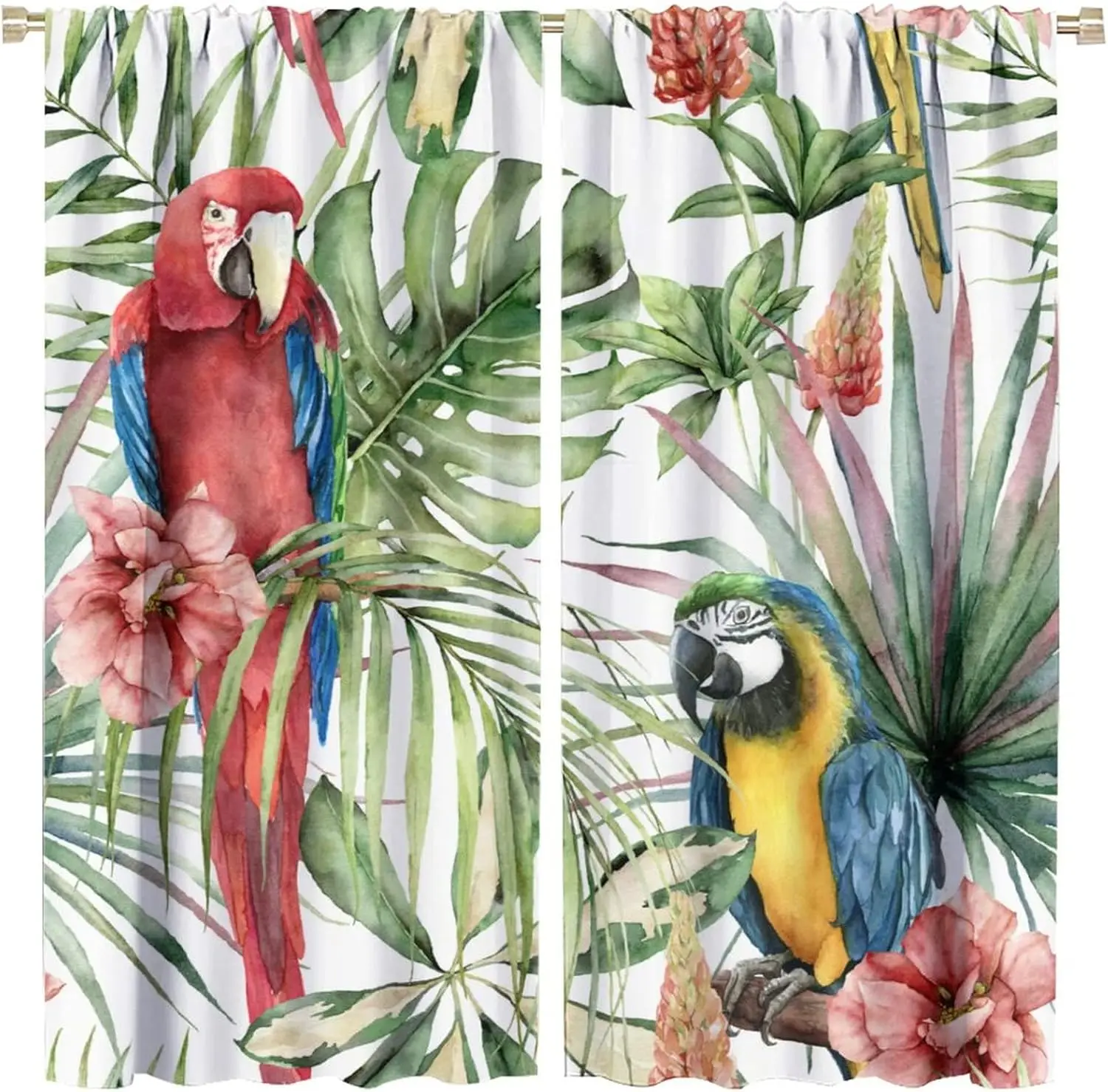 Parrot Window Curtain Tropical Palm Leaf Colorful Macaw Bird Watercolor Decor Window Drapes for Living Room Kitchen Bedroom