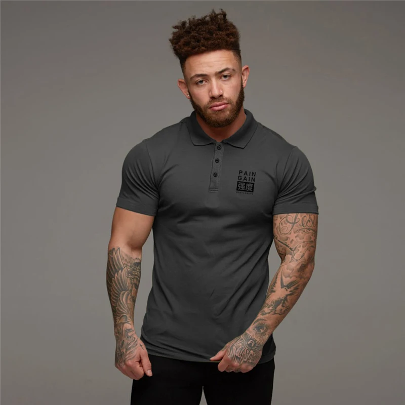 Summer Cotton Breathable Polo Shirts Men's Slim Fit Button Lapels Short Sleeve Sports Shirt Gym Fitness Bodybuilding Tees Tops