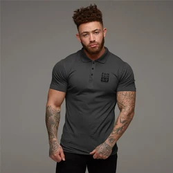 Summer Cotton Breathable Polo Shirts Men's Slim Fit Button Lapels Short Sleeve Sports Shirt Gym Fitness Bodybuilding Tees Tops