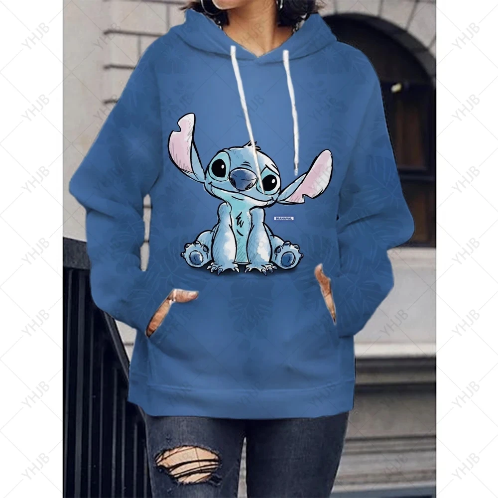 Disney Stitch Moletons for Women, Harajuku Pullovers, Tops Casuais, Gola O, Estampa de Anjo, Moletons De Capuz Extragrande