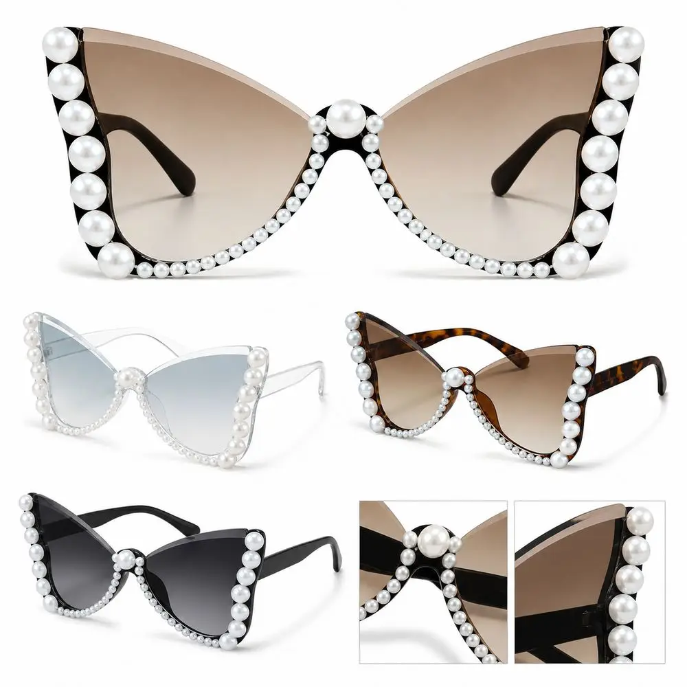 Pearl Embellished Butterfly Sunglasses Gradient Lenses Decorative Frame Pearl Sunglasses Stylish Plastic Frame Statement Eyewear