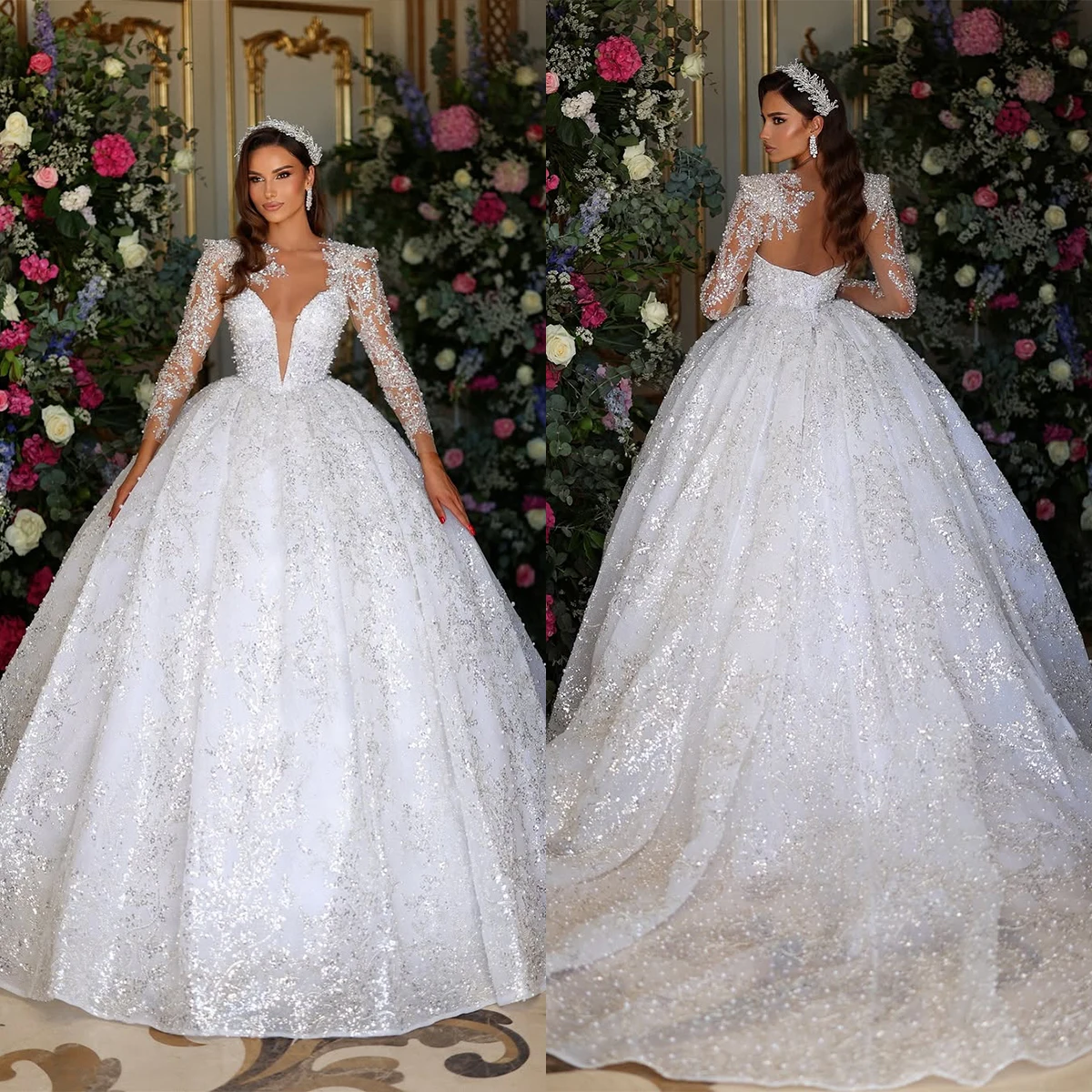 

Элегантное бальное платье Свадебные платья с длинными рукавами и блестками из бисера Аппликации Кружевные свадебные платья на заказ с скользящим шлейфом Robe De Mariee