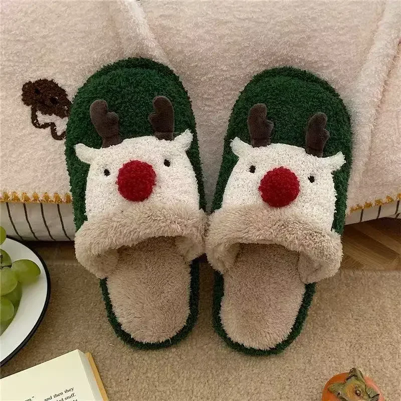 Winter Christmas Women Home Slippers Men Indoor Soft Non-slip Sandals Couples Warm Plush Flat Slides Adults Unisex Lovely Shoes