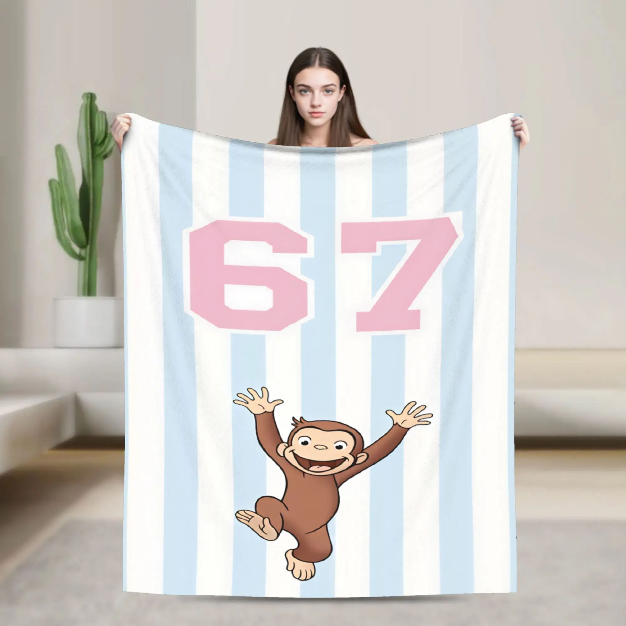 Warm Blanket Travel Office Curious George 67 Light Blue Stripe Throw Blanket  Flannel Bedspread For Couch Chair Sofa Bed Cover