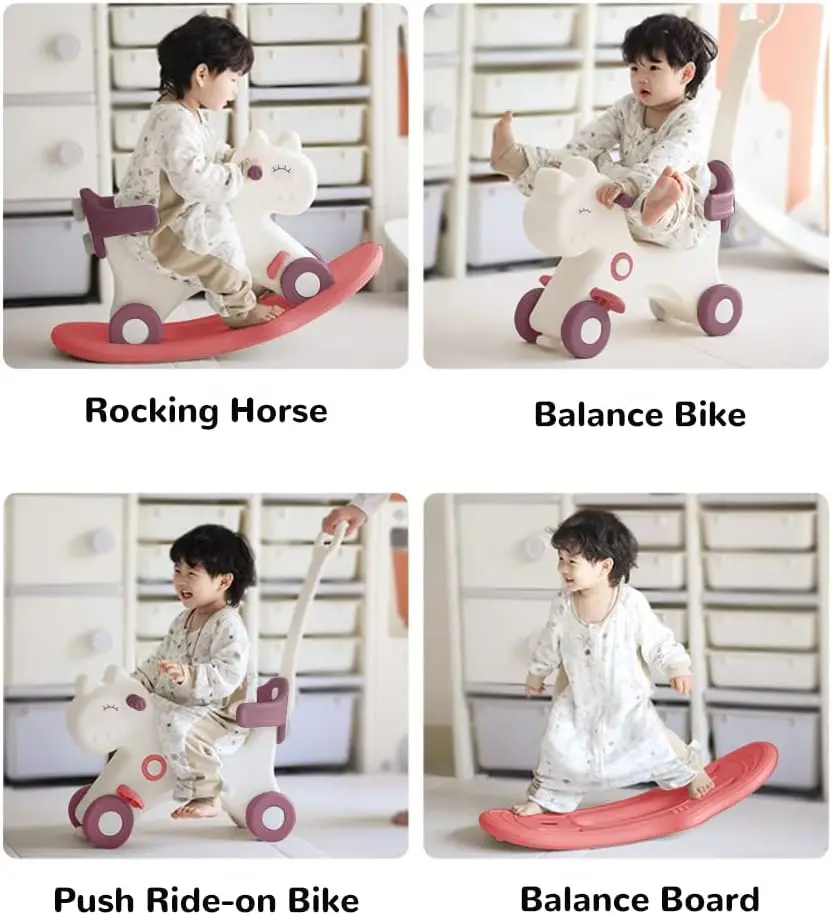 Cheval à bascule 4 en 1 pour tout-petits de 1 à 3 ans, jouets de vélo d'équilibre avec poignée de poussée, dossier et planche d'équilibre pour bébé