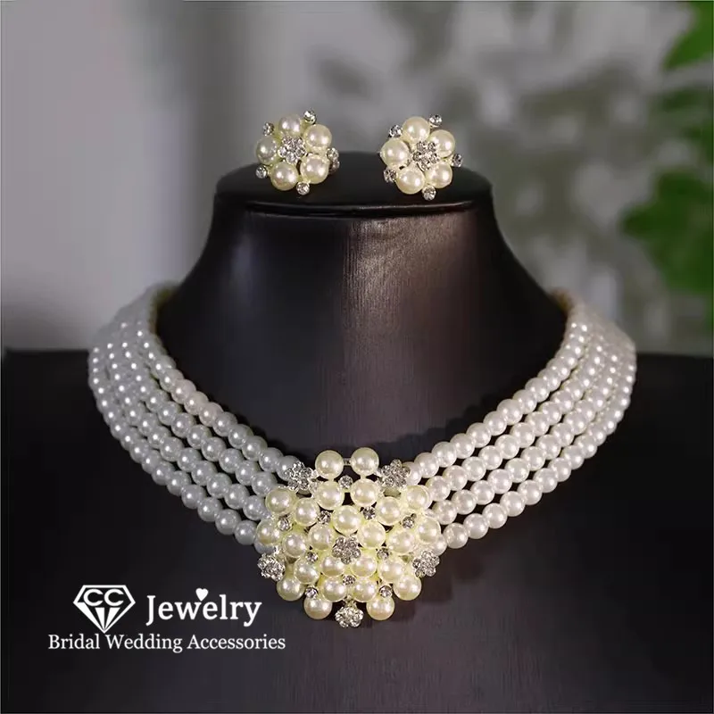 CC Jewelry Sets for Women Engagement Bijoux Bridal Dress Wedding Event Imitation Pearl Necklace Stud Earring Set 2 PCS TL203