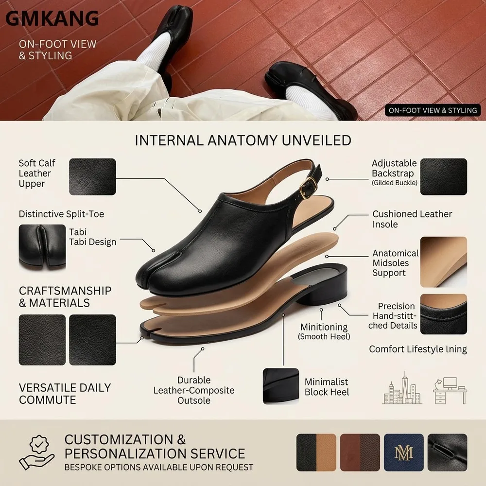 Women Genuine Leather Round Toe Mid Heel Shoes Pleated Split Toe Sheepskin Ballet Flats 3cm Comfortable Walking Shoes