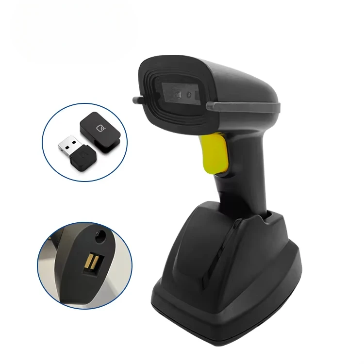 Atacado 2.4G Scanner de código de barras portátil BT Qr Leitor de código Scanner de código de barras 2d sem fio com suporte