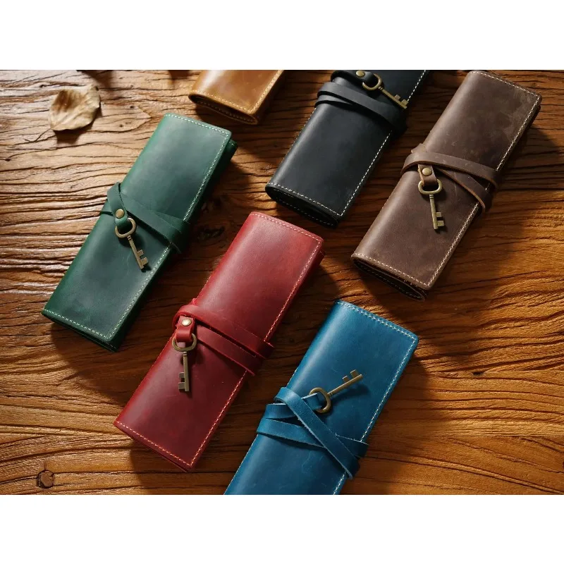 Retro Top Layer Cowhide Pen Curtain, Genuine Leather Pen Bag, Simple Artistic Pen Curtain, Multifunctional Roll Storage Bag