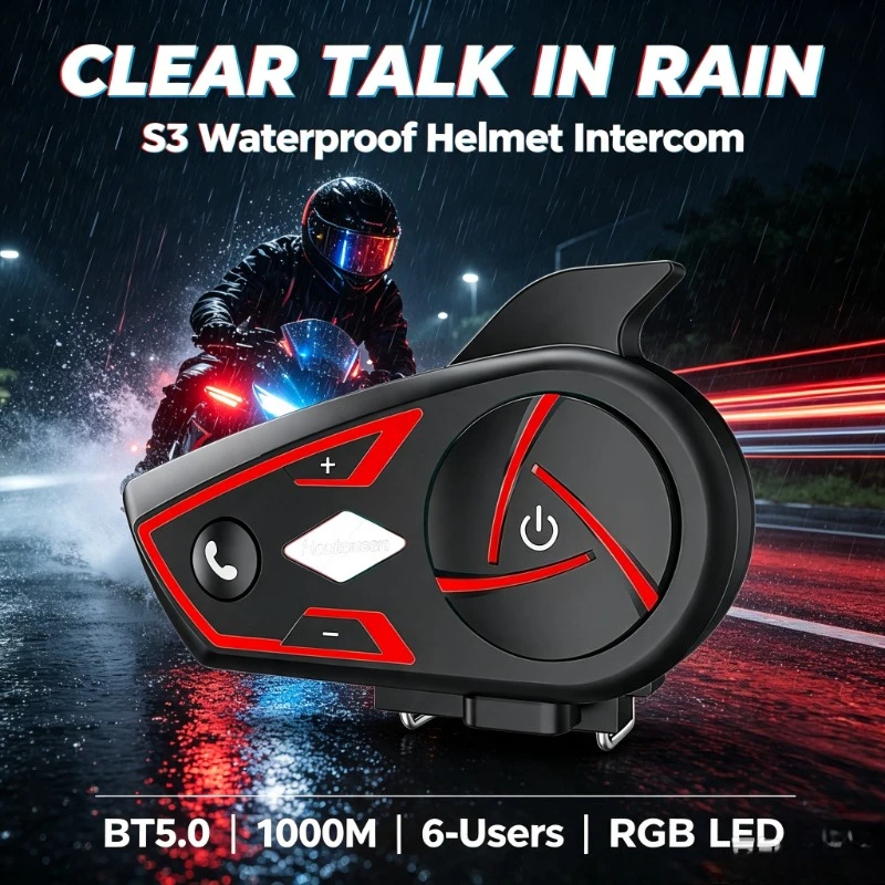 Houtonsen S3 Helmet Communication Module, BT5.0 For Night Suburban Ride Anti‑wind‑noise 6‑user Intercom