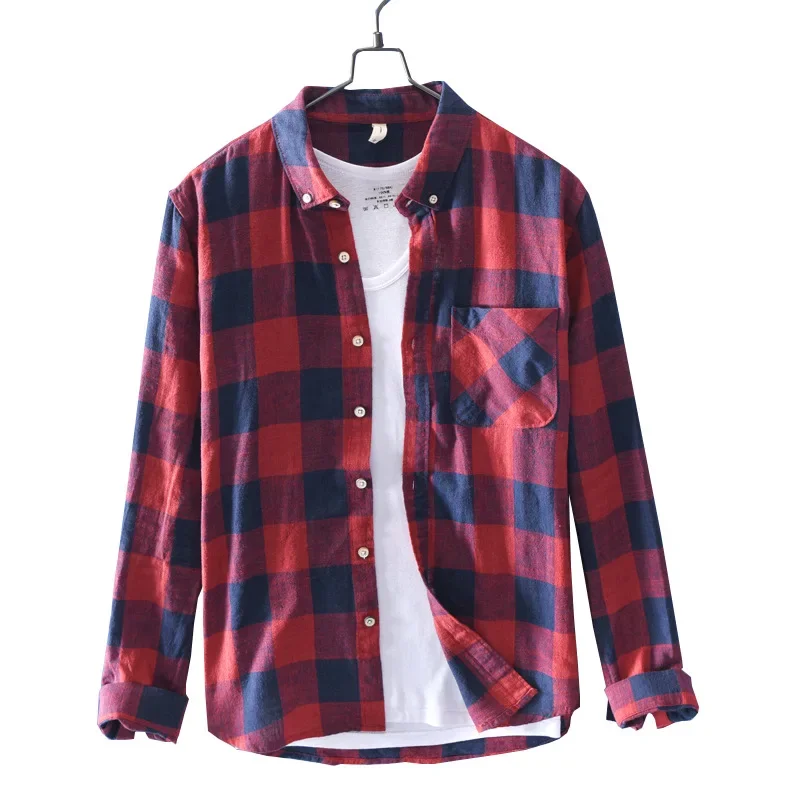 

New Men's Cotton and Hemp Plaid Casual Loose Large Size Shirt Youth Linen Square Neck Red Shirt Large Plaid Long Sleeve