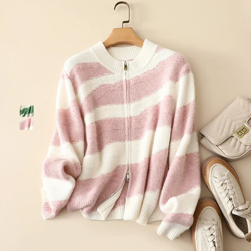 winter thick trendy superior 100% cashmere zipper cardigan outerwear europe fashion warm striped cozy coat