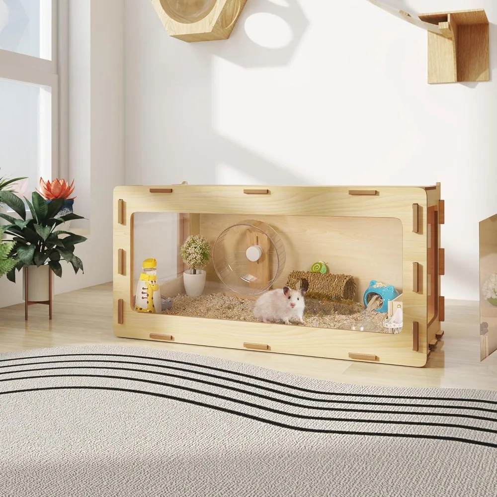 

Wooden Hamster Cage Chewproof, Bigger World - 32" Large Hamster Cages and Habitats, Openable Top & 3 Side Acrylic Sheets