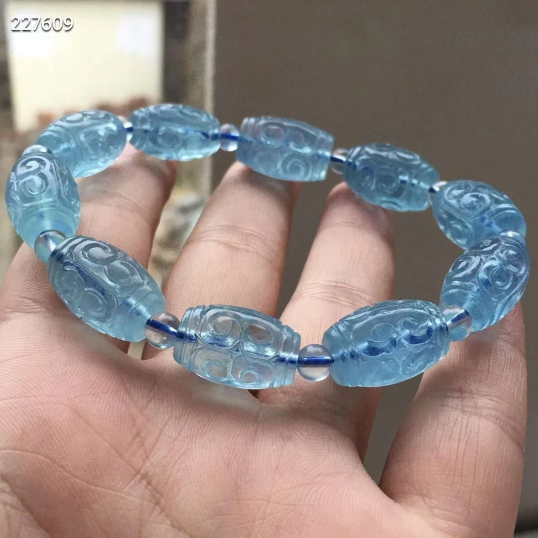 Natural Blue Aquamarine Quartz Pi Xiu Bracelet Clear Barrel Beads 17x12mm Gemstone Wealthy Stone For Women Men AAAAAAA