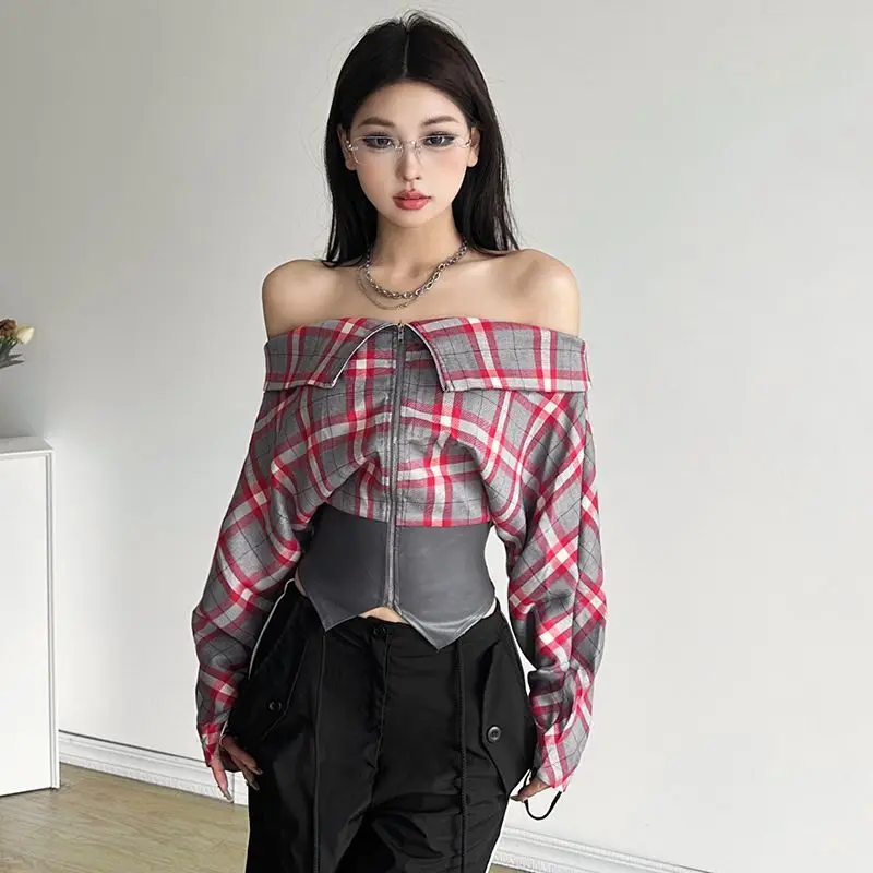 Korejepo Retro Plaid Coats Design Sense Wear Lapel Collar High Street One Word Collar Waist Slim Long Sleeved Jacket Women