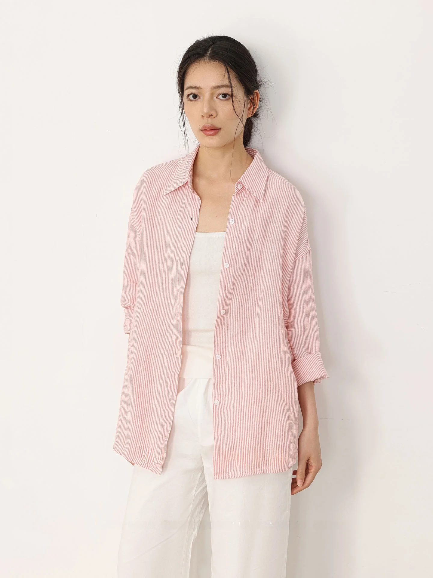 

Женская свободная рубашка из тканого льна Soong Color с воротником-стойкой на пуговицах, 3D-эффектом полосок, длинными рукавами, повседневная, весенняя