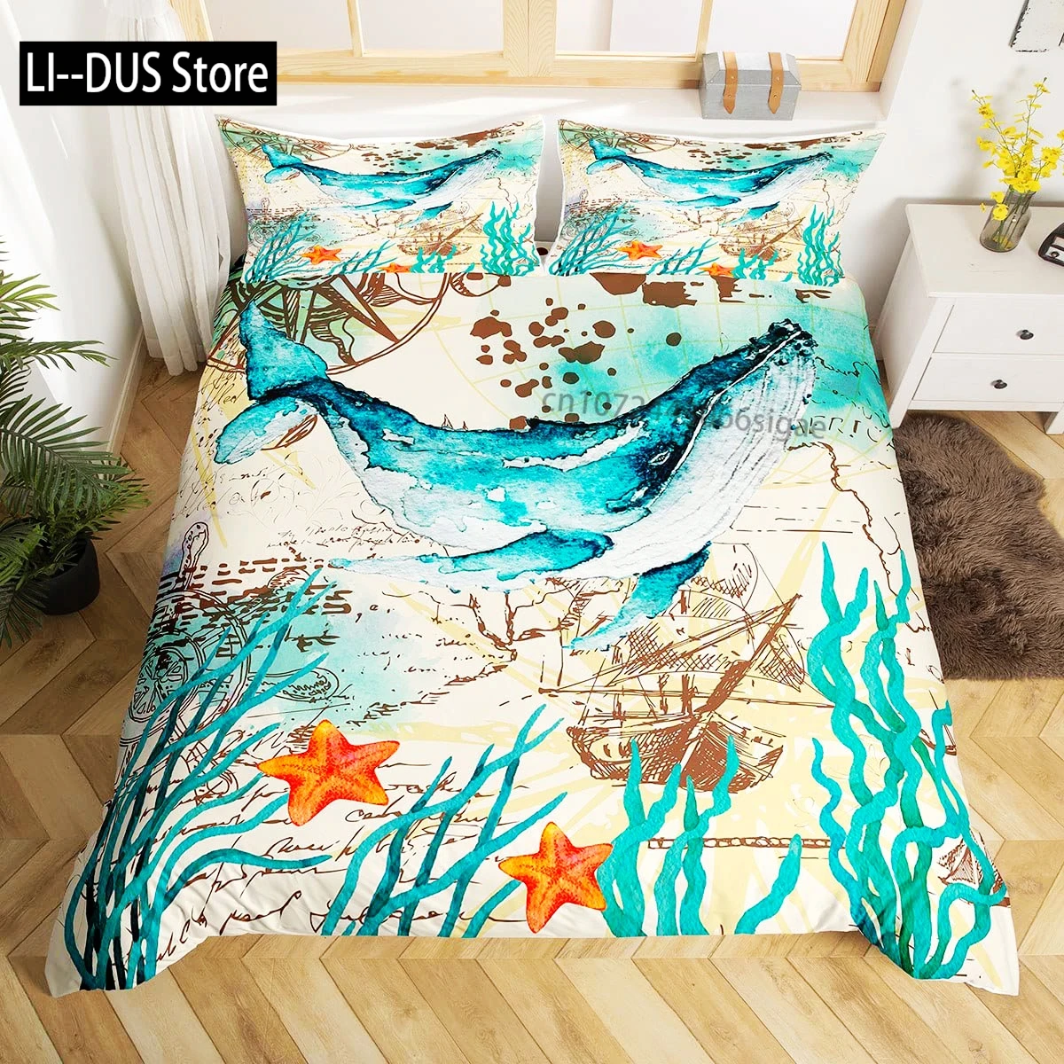 

Abstract Whale Bedding Set Full Size with Pillowcase, Marine Animal Bedding Set 3pcs for Kids Boy Girls Room Decor, Soft Bedding