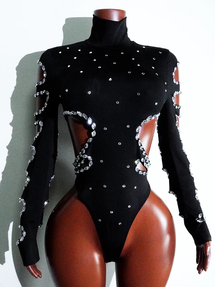 Seksowny Top i Spodnie Brokatowe Cyrkonie Czarny Ażurowy Strój Sceniczny Kostium Gogo Dance Drag Queen Klub Nocny Dj Festiwal Występ