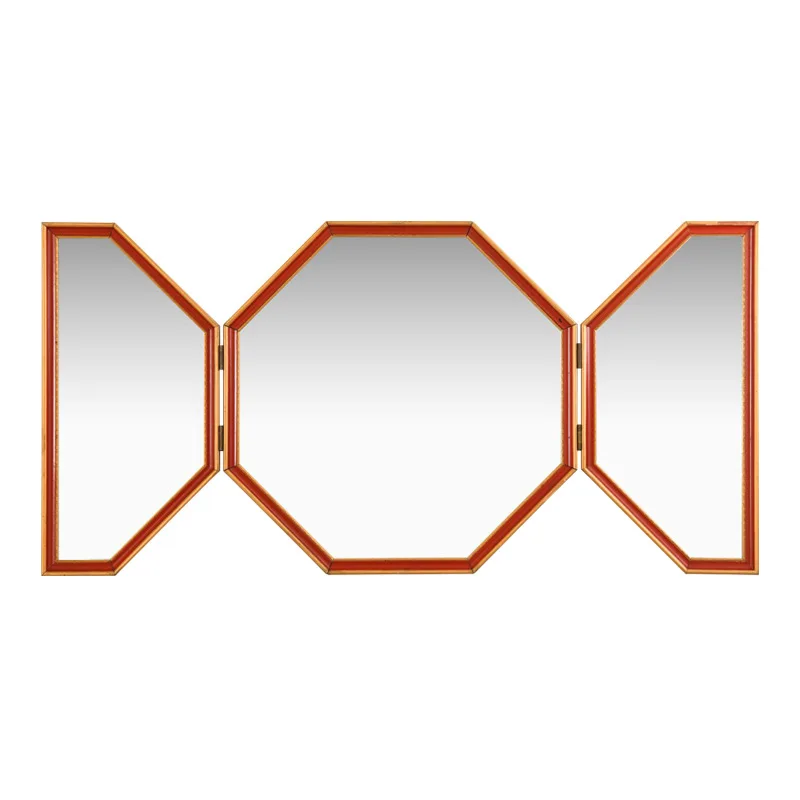 Modern art red-brown border, three-fold polygonal wall-mounted mirror, creative decorative mirror