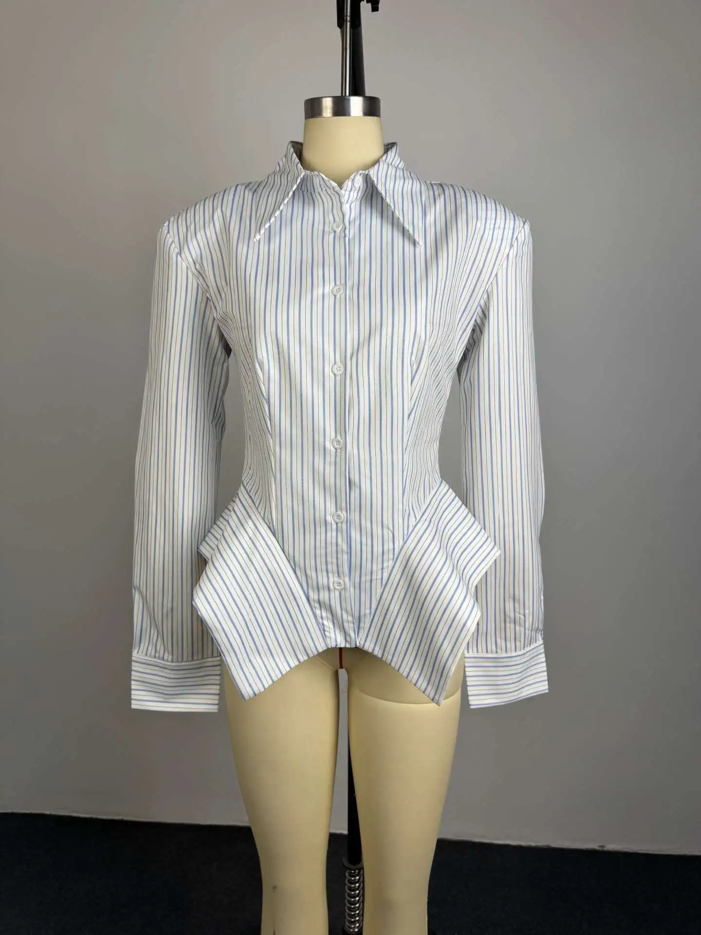 Women's Spring Summer Lapel Striped Fitted Asymmetrical Hem Shirt Casual Office Date 2026 New Trendy Feminine Fashion Shirt