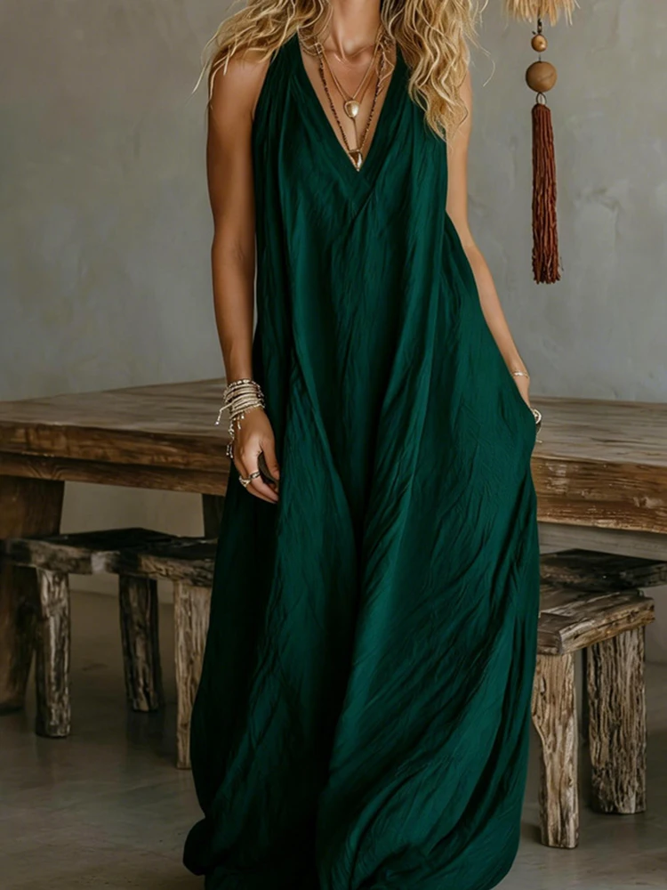 

Летний новый повседневный комбинезон для отпуска, модный комбинезон без рукавов с V-образным вырезом, свободный, элегантный, с открытой спиной, с широкими штанинами и складками