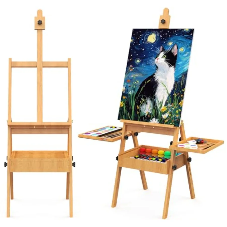 

Studio painting easel for adults: beech wood H-frame, natural finish, multi-function with storage box and palette, foldable des
